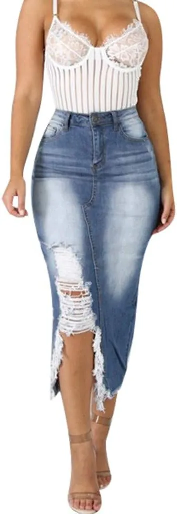 Women Fashion High Waist Ripped Destroyed Bodycon Street Style Denim Skirt Grass Skirts for Party (Blue, S)