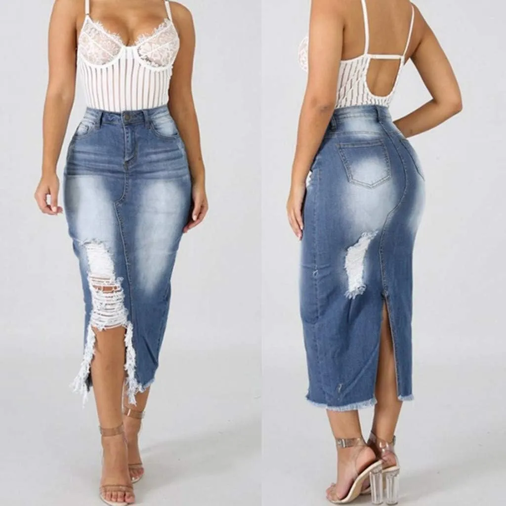 Women Fashion High Waist Ripped Destroyed Bodycon Street Style Denim Skirt Grass Skirts for Party (Blue, S)