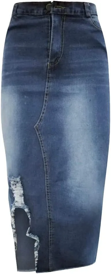Women Fashion High Waist Ripped Destroyed Bodycon Street Style Denim Skirt Grass Skirts for Party (Blue, S)