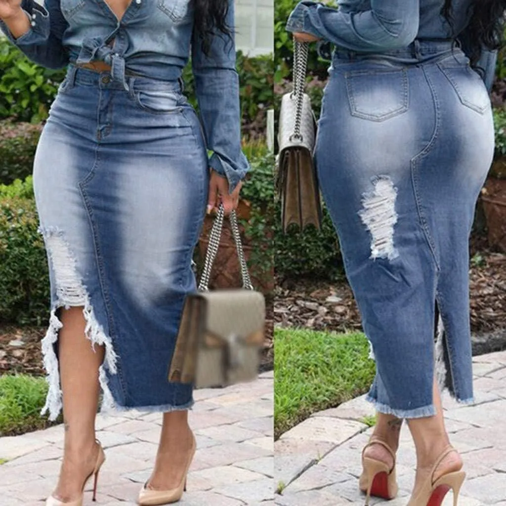 Women Fashion High Waist Ripped Destroyed Bodycon Street Style Denim Skirt Grass Skirts for Party (Blue, S)