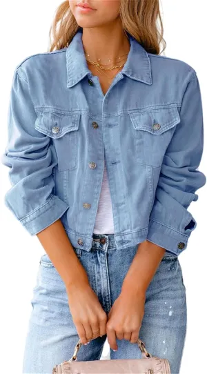 Women Jean Jacket Ripped Puff Sleeve Frayed Slim Denim Crop Top Cropped Jacket