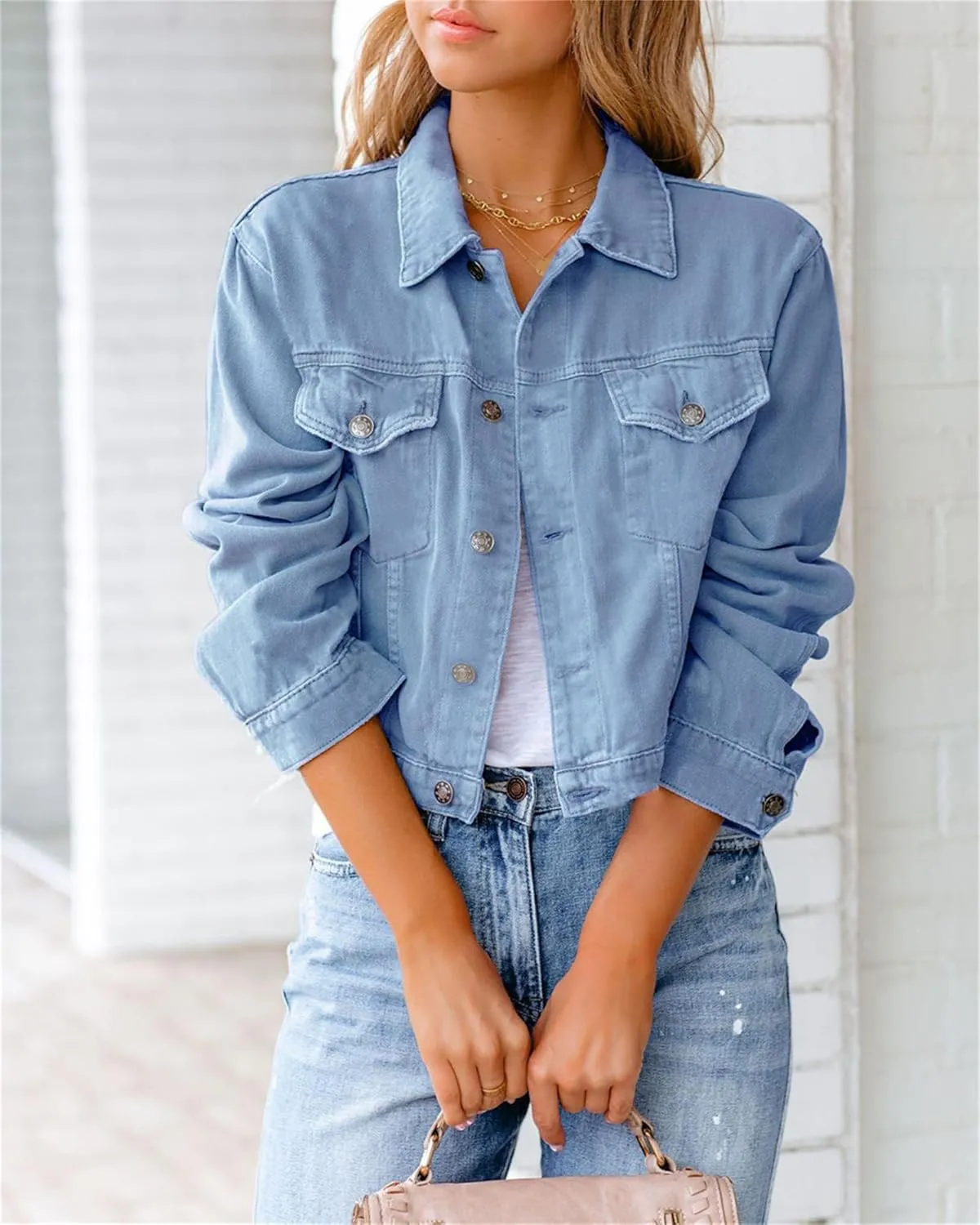 Women Jean Jacket Ripped Puff Sleeve Frayed Slim Denim Crop Top Cropped Jacket