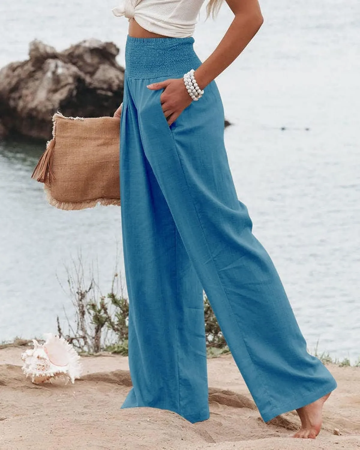Women Linen Palazzo Pants Summer Bohemian Wide Leg High Waist Trousers Casual Lounge Slacks with Pockets