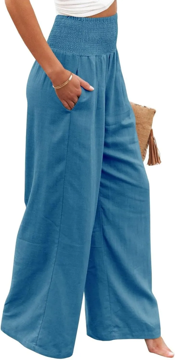 Women Linen Palazzo Pants Summer Bohemian Wide Leg High Waist Trousers Casual Lounge Slacks with Pockets