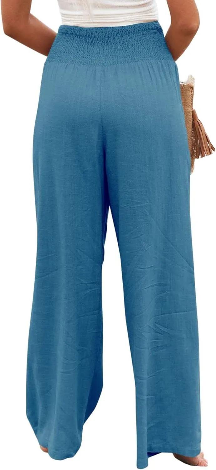 Women Linen Palazzo Pants Summer Bohemian Wide Leg High Waist Trousers Casual Lounge Slacks with Pockets