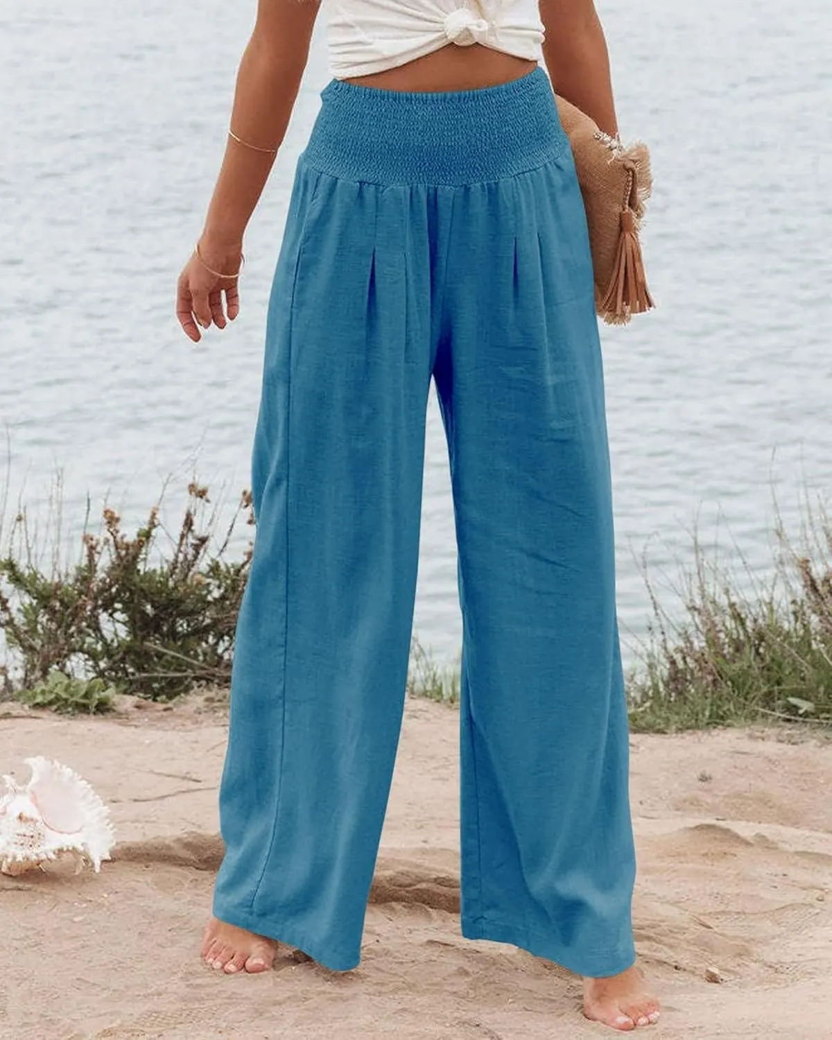 Women Linen Palazzo Pants Summer Bohemian Wide Leg High Waist Trousers Casual Lounge Slacks with Pockets