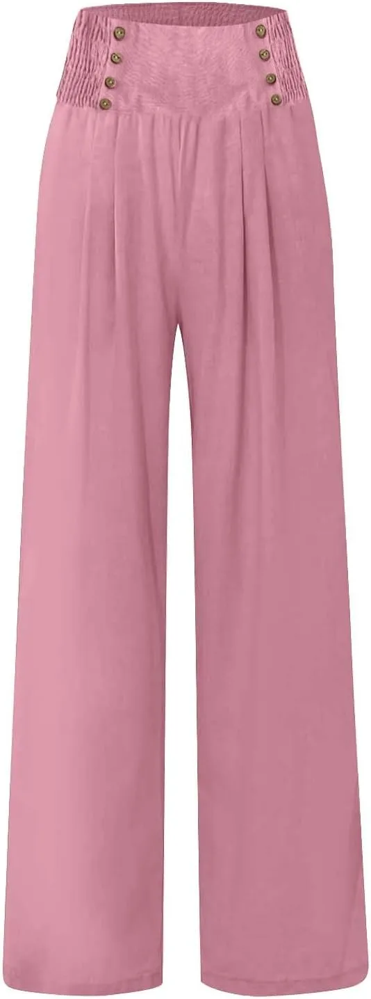 Women Linen Pants Comfy Flowy Wide Leg Pant Trousers Summer High Waisted Beach Palazzo Pants with Pockets