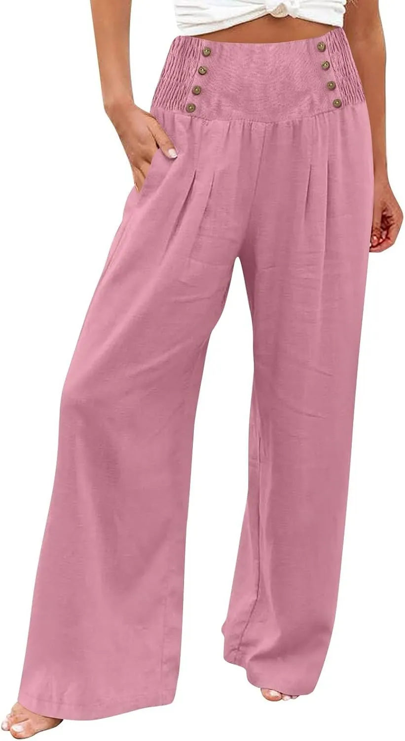 Women Linen Pants Comfy Flowy Wide Leg Pant Trousers Summer High Waisted Beach Palazzo Pants with Pockets