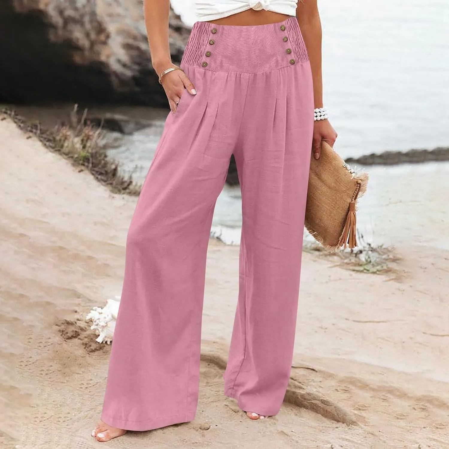 Women Linen Pants Comfy Flowy Wide Leg Pant Trousers Summer High Waisted Beach Palazzo Pants with Pockets