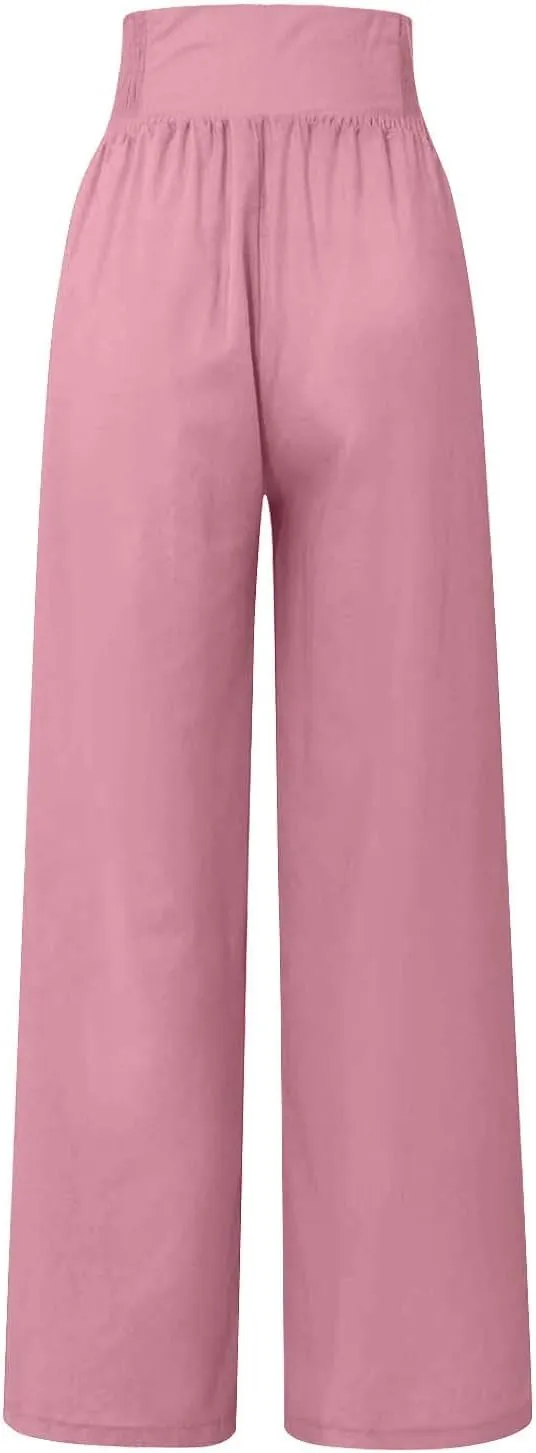 Women Linen Pants Comfy Flowy Wide Leg Pant Trousers Summer High Waisted Beach Palazzo Pants with Pockets