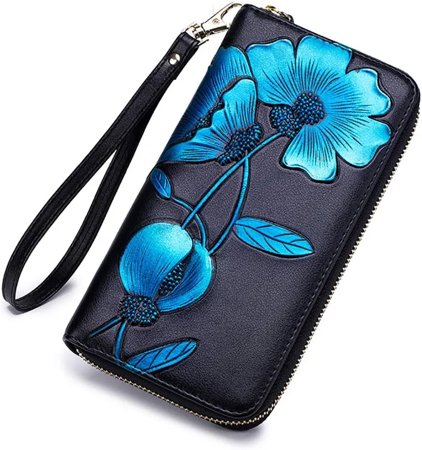 Women RFID Blocking Genuine Leather Wallet Hand Painted Flowers Ladies Wristlet Wrist Strap Long Purse Large Capacity Multi-Slots Card Case Zipper Coin Pocket, Blue Bauhinia, M, Modern