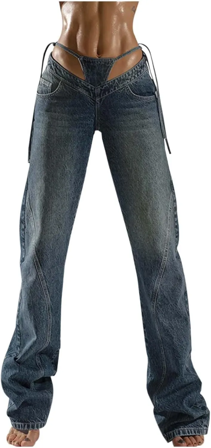 Women Ripped Jeans High Waist Wide Leg Denim Pants Loose Y2K Streetwear Casual Trousers with Pockets