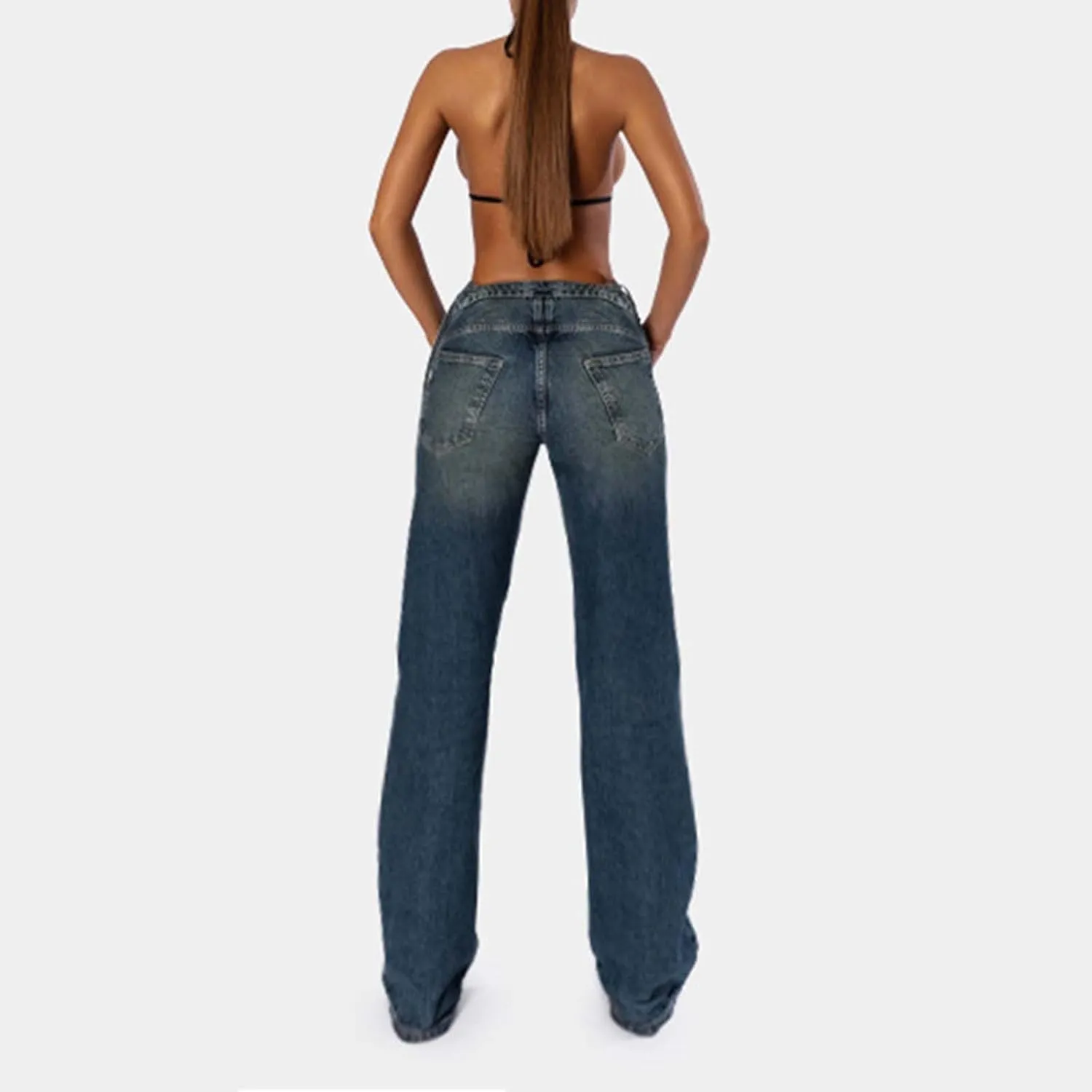 Women Ripped Jeans High Waist Wide Leg Denim Pants Loose Y2K Streetwear Casual Trousers with Pockets