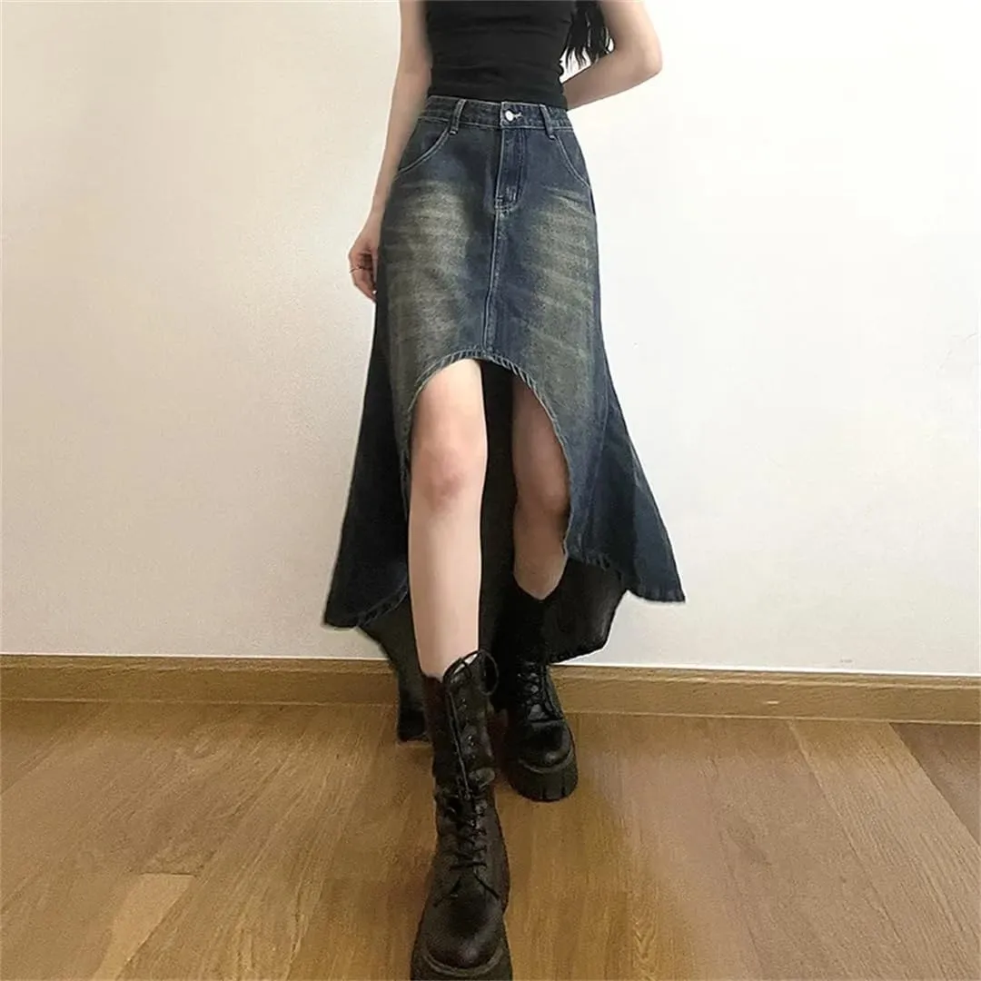 Women Street Style A-Line Denim Skirt for High-Waisted Hottie Irregular Midi Skirt