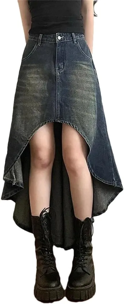 Women Street Style A-Line Denim Skirt for High-Waisted Hottie Irregular Midi Skirt