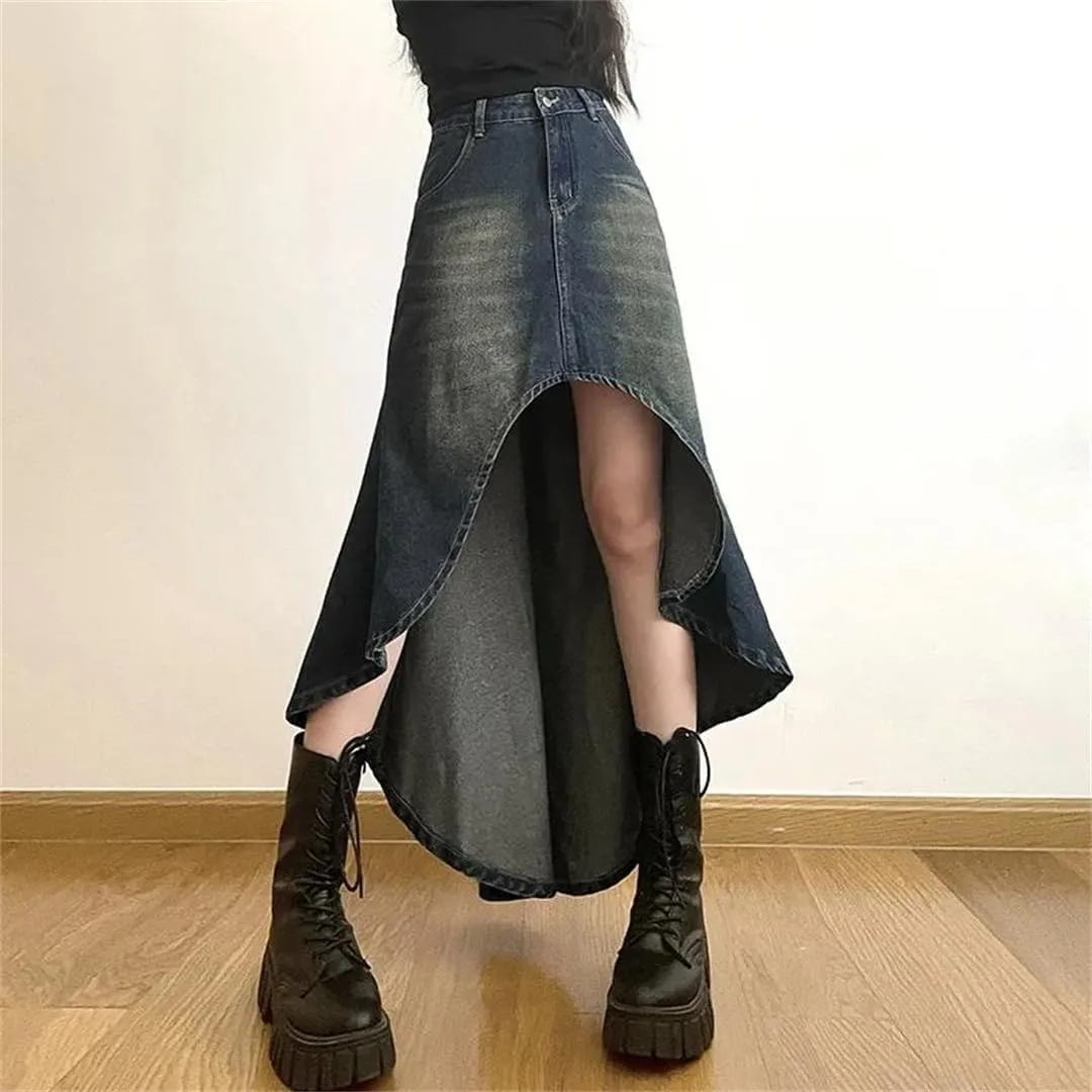 Women Street Style A-Line Denim Skirt for High-Waisted Hottie Irregular Midi Skirt
