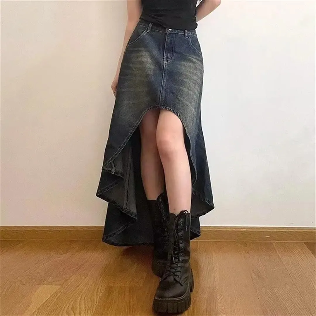Women Street Style A-Line Denim Skirt for High-Waisted Hottie Irregular Midi Skirt