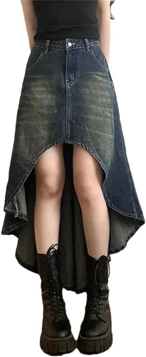 Women Street Style A-Line Denim Skirt for High-Waisted Hottie Irregular Midi Skirt