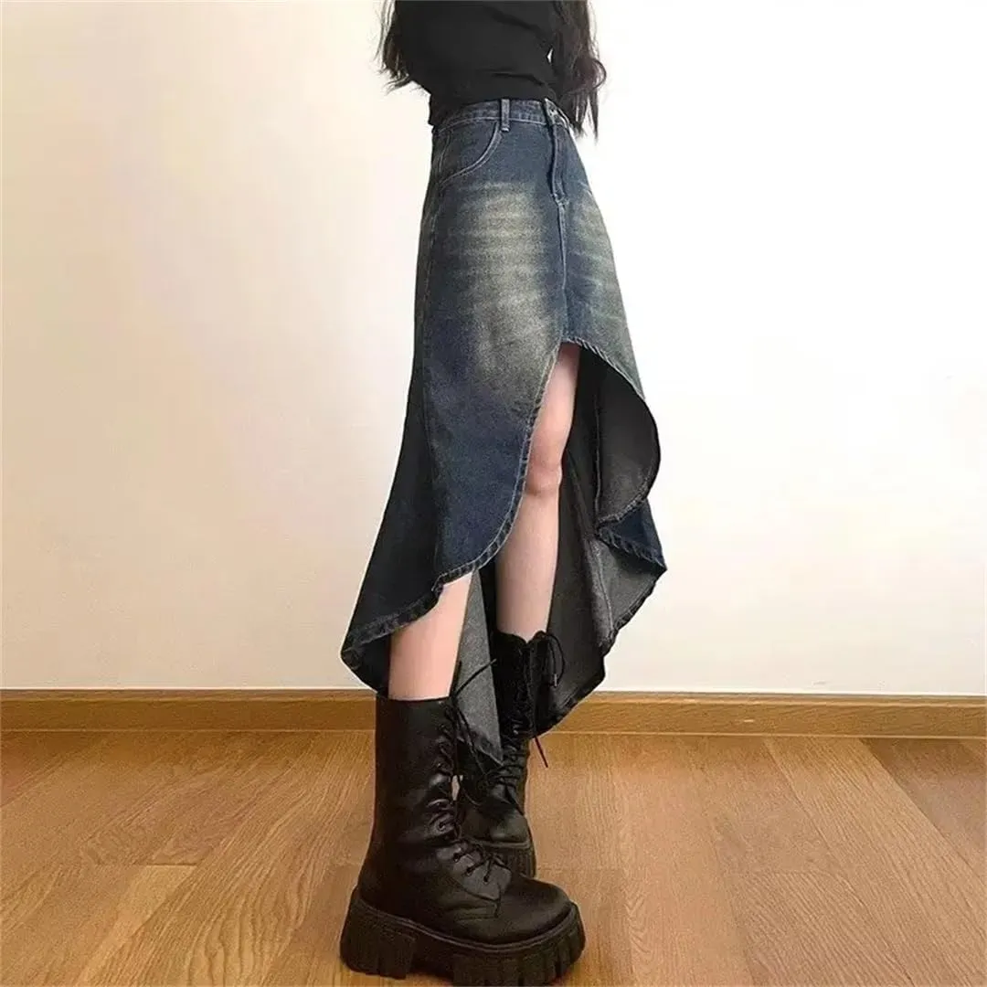Women Street Style A-Line Denim Skirt for High-Waisted Hottie Irregular Midi Skirt