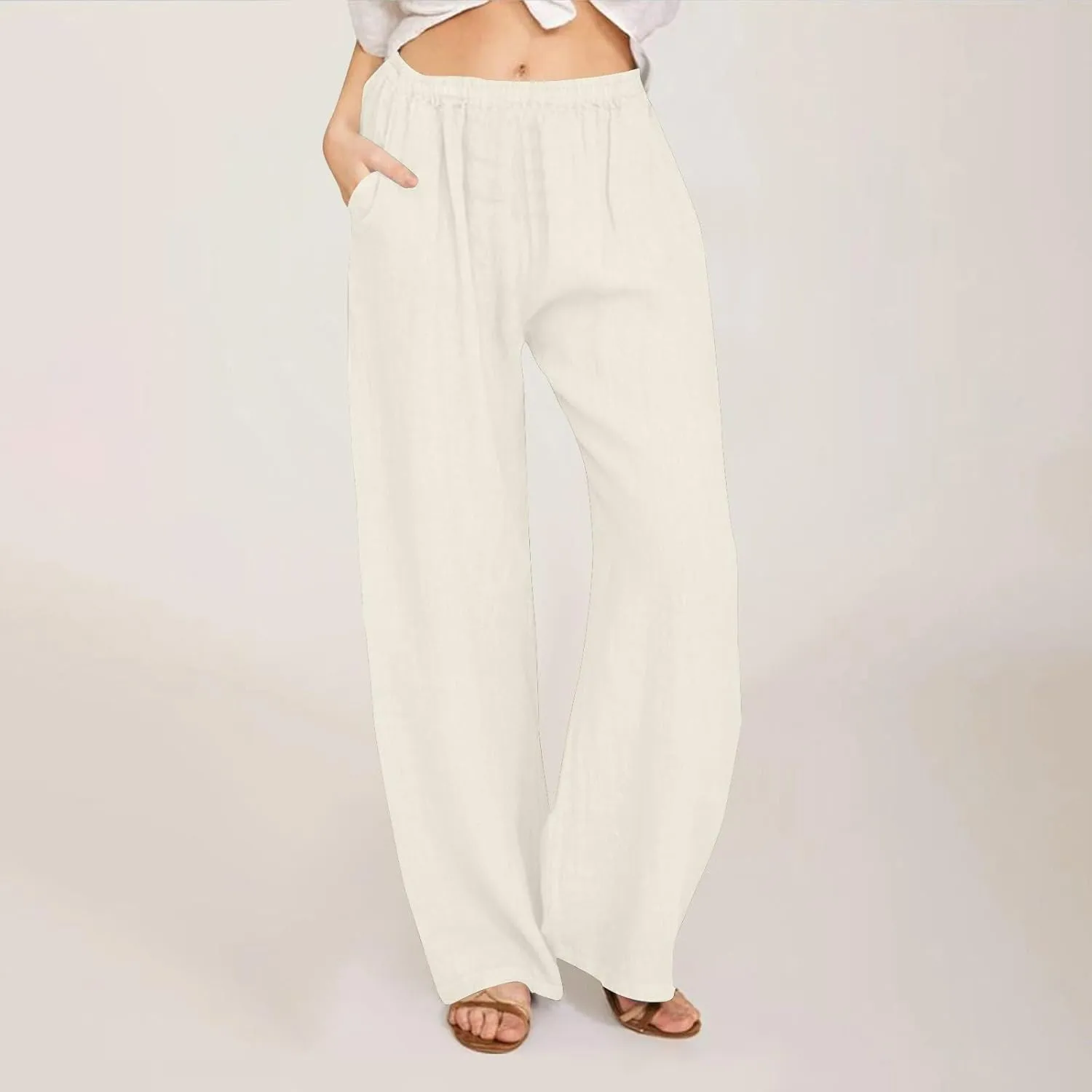 Women Summer Casual Cotton Linen Palazzo Pants Wide Leg Lounge Pant Long Trouser with Pocket Beach Vacation Outfits
