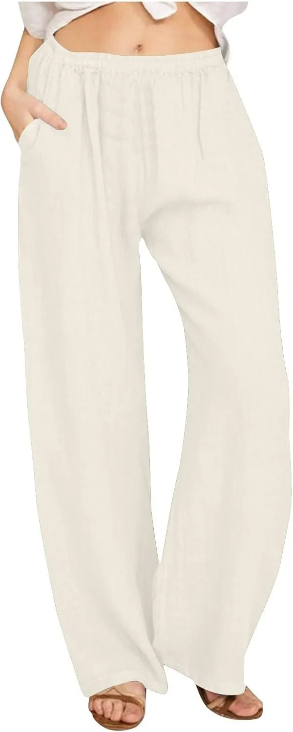 Women Summer Casual Cotton Linen Palazzo Pants Wide Leg Lounge Pant Long Trouser with Pocket Beach Vacation Outfits