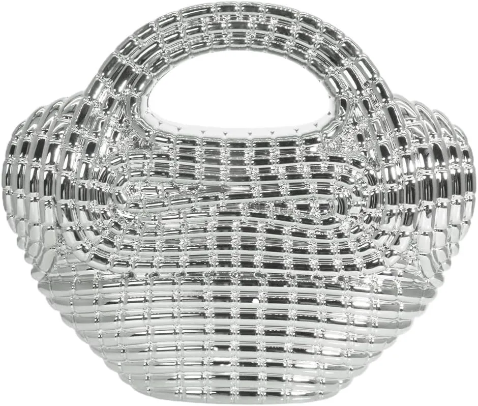 Women Trendy Metal Basket Shape Crossbody Bag Glitter Metallic Clutch Purse Unique Wedding Handbag for Prom Party