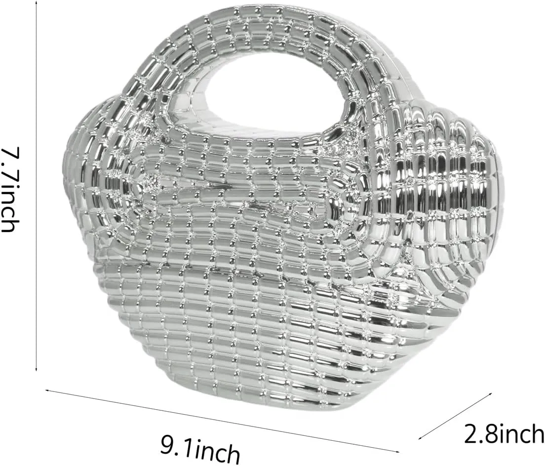 Women Trendy Metal Basket Shape Crossbody Bag Glitter Metallic Clutch Purse Unique Wedding Handbag for Prom Party
