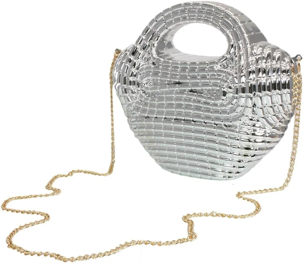 Women Trendy Metal Basket Shape Crossbody Bag Glitter Metallic Clutch Purse Unique Wedding Handbag for Prom Party