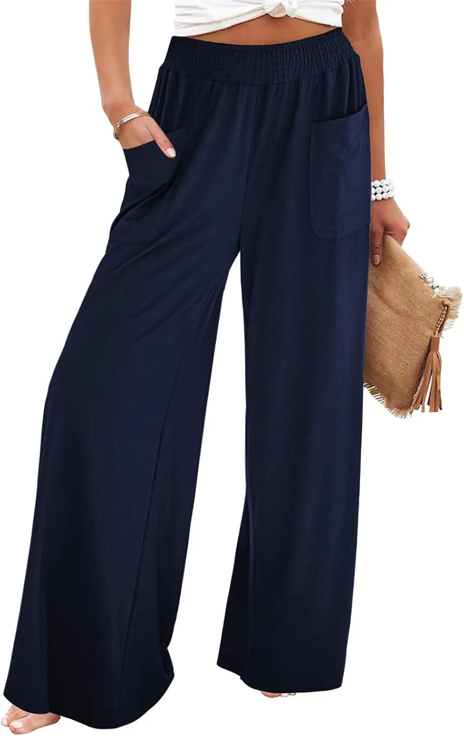 Women Wide Leg Palazzo Pants Casual Elastic High Waist Trousers Flowy Lounge Slacks with Pockets Summer Beach Outfits