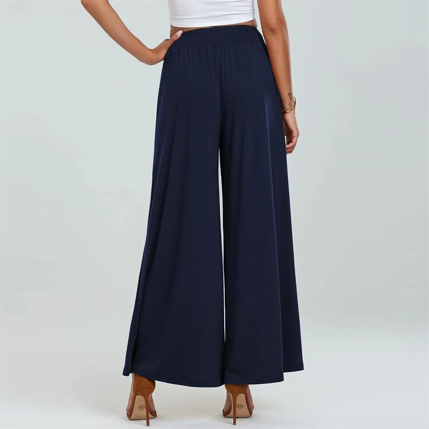 Women Wide Leg Palazzo Pants Casual Elastic High Waist Trousers Flowy Lounge Slacks with Pockets Summer Beach Outfits
