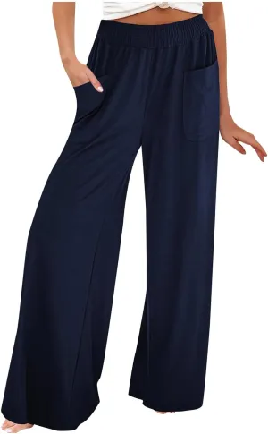 Women Wide Leg Palazzo Pants Casual Elastic High Waist Trousers Flowy Lounge Slacks with Pockets Summer Beach Outfits
