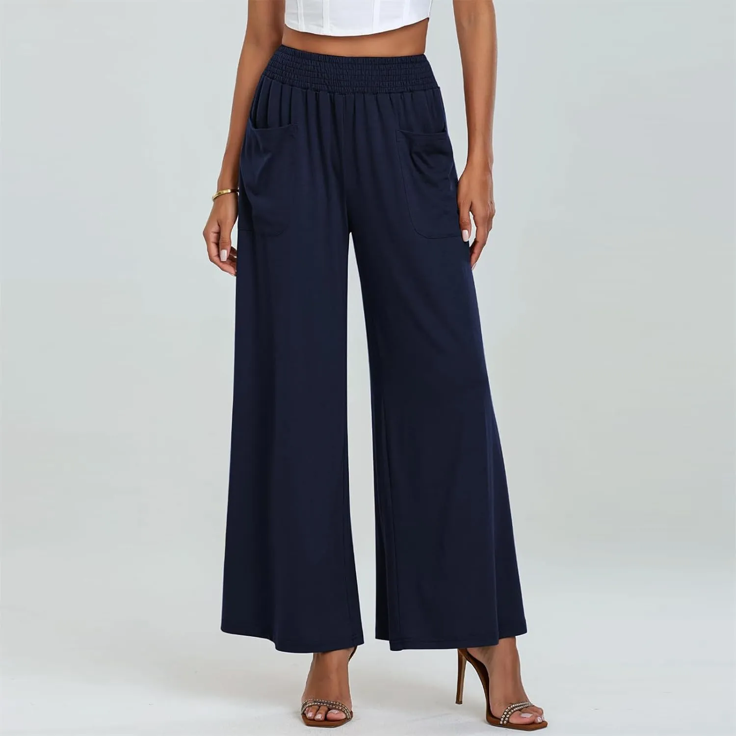 Women Wide Leg Palazzo Pants Casual Elastic High Waist Trousers Flowy Lounge Slacks with Pockets Summer Beach Outfits