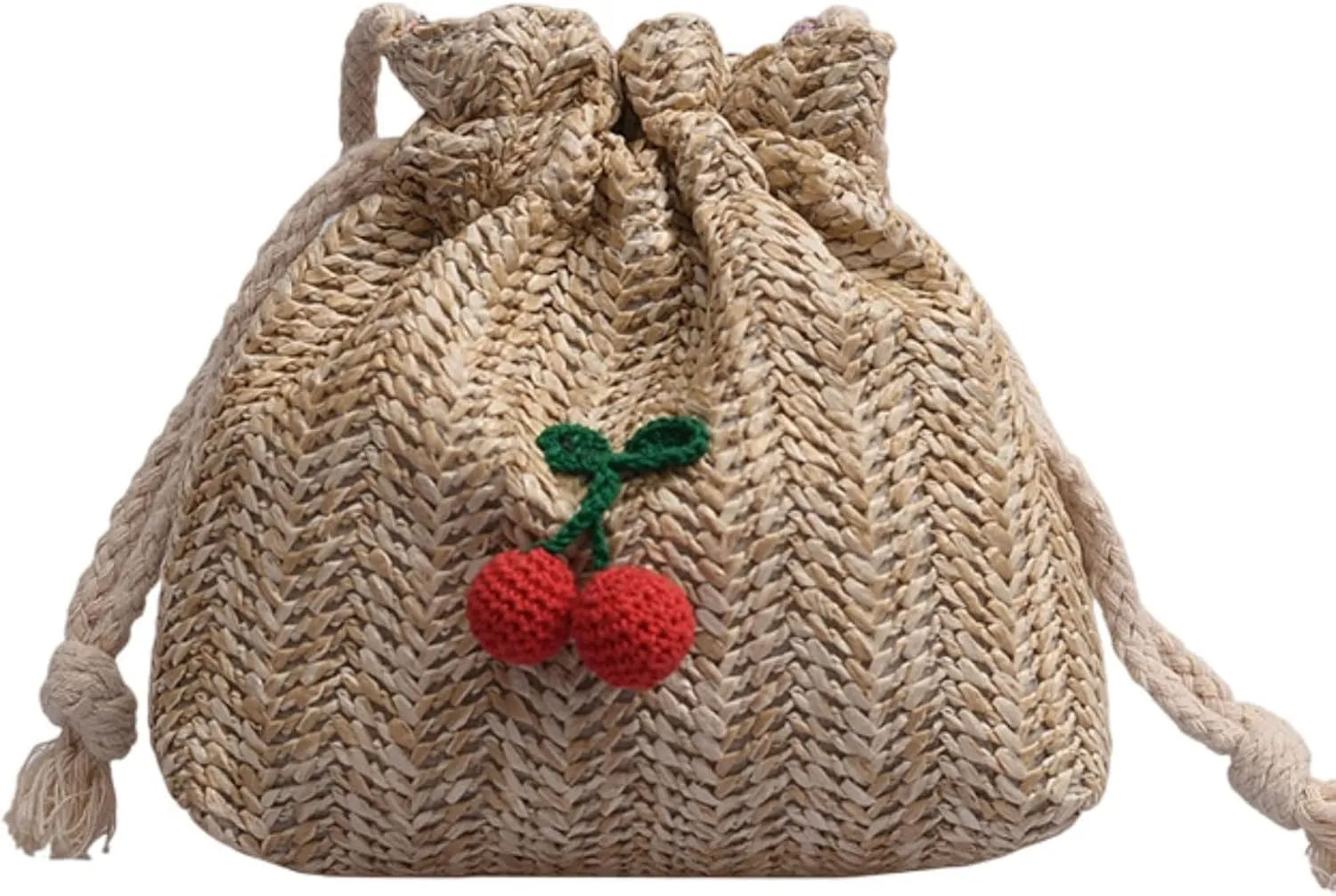 Women Woven Straw Bucket Bag, Mini Cute Cherry Crossbody Tote Purses,Vacation Handbags for Summer Beach