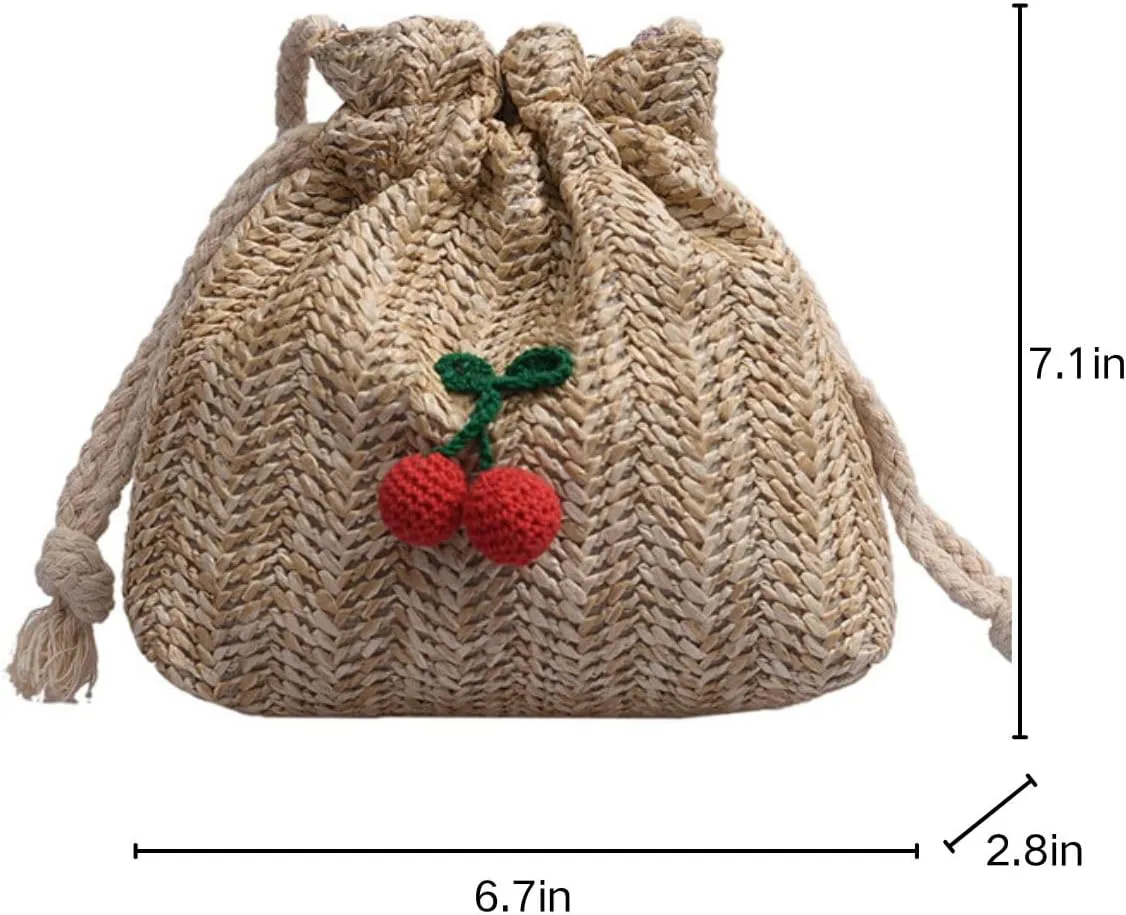Women Woven Straw Bucket Bag, Mini Cute Cherry Crossbody Tote Purses,Vacation Handbags for Summer Beach