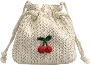 Women Woven Straw Bucket Bag, Mini Cute Cherry Crossbody Tote Purses,Vacation Handbags for Summer Beach