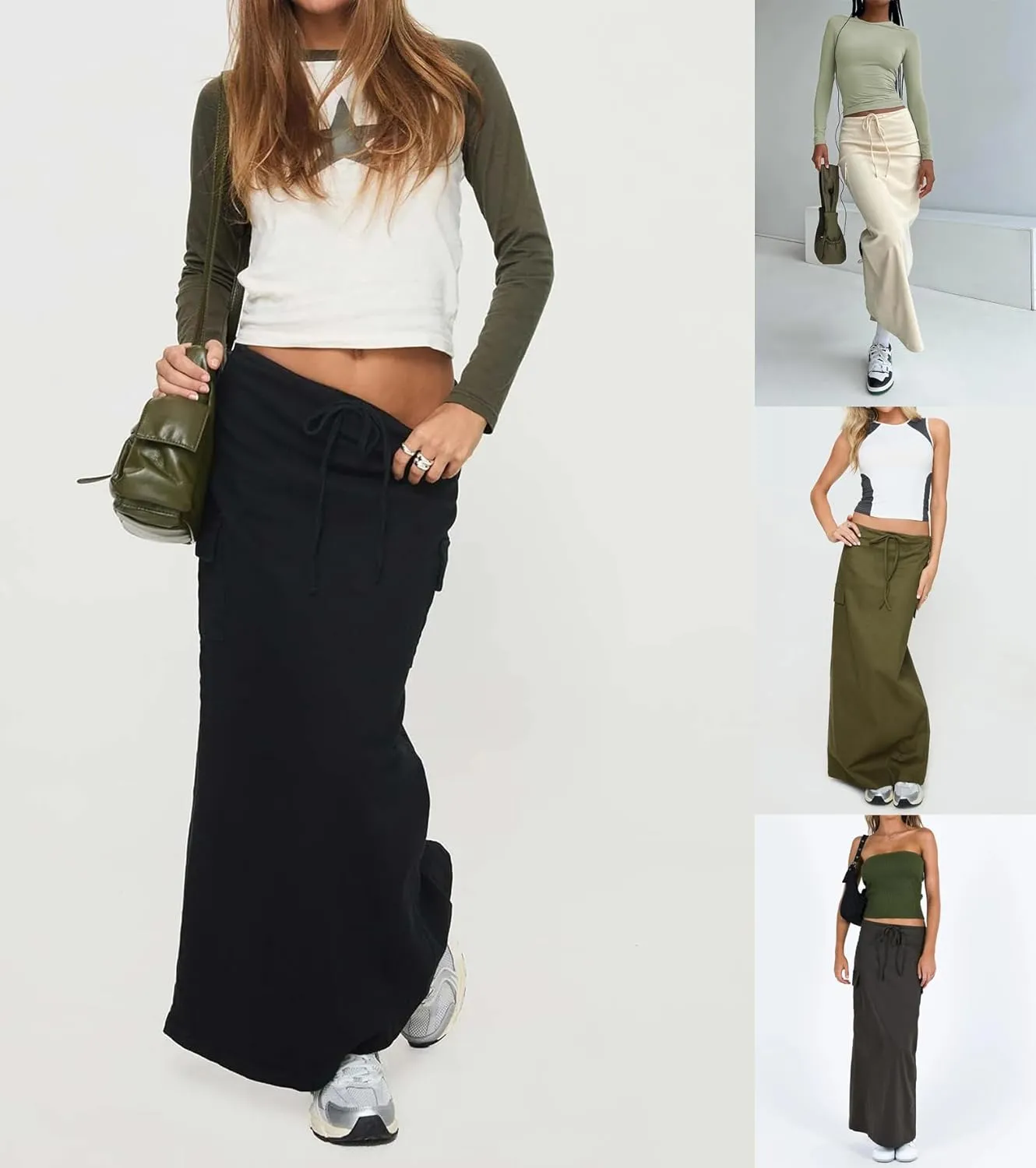 Women Y2k Cargo Long Skirt Low Waist Drawstring Bodycon Maxi Skirts Vintage Slit Cargo Skirt with Pockets Streetwear