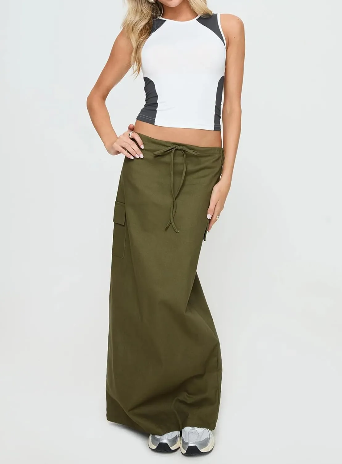 Women Y2k Cargo Long Skirt Low Waist Drawstring Bodycon Maxi Skirts Vintage Slit Cargo Skirt with Pockets Streetwear
