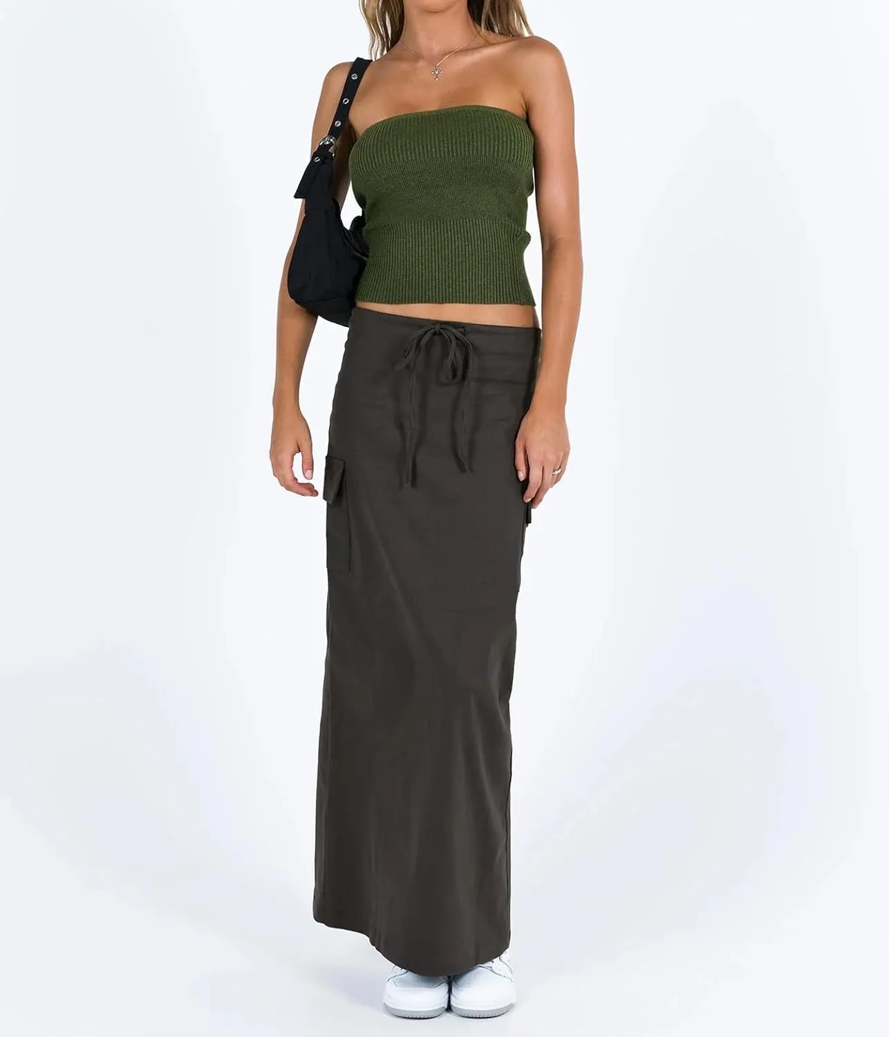 Women Y2k Cargo Long Skirt Low Waist Drawstring Bodycon Maxi Skirts Vintage Slit Cargo Skirt with Pockets Streetwear