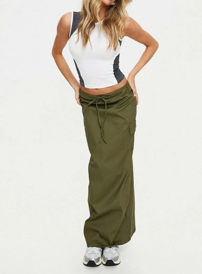 Women Y2k Cargo Long Skirt Low Waist Drawstring Bodycon Maxi Skirts Vintage Slit Cargo Skirt with Pockets Streetwear