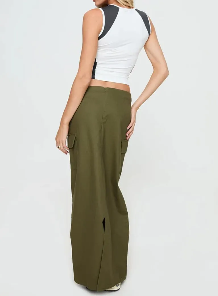 Women Y2k Cargo Long Skirt Low Waist Drawstring Bodycon Maxi Skirts Vintage Slit Cargo Skirt with Pockets Streetwear
