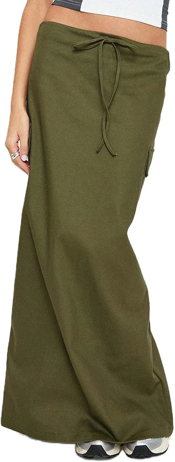 Women Y2k Cargo Long Skirt Low Waist Drawstring Bodycon Maxi Skirts Vintage Slit Cargo Skirt with Pockets Streetwear