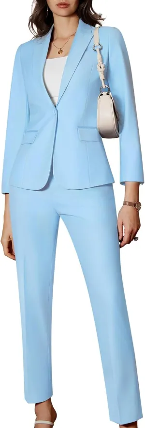 Women's 2 Piece Business Office Suit Lady Peaked Lapel Slim Fit One Button Blazer Jacket and Pants Set