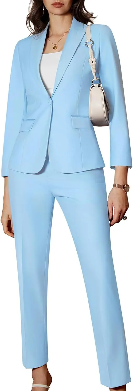 Women's 2 Piece Business Office Suit Lady Peaked Lapel Slim Fit One Button Blazer Jacket and Pants Set
