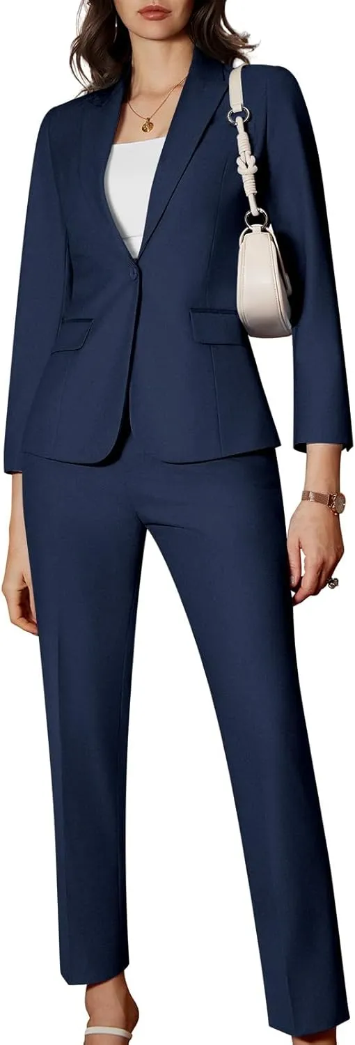 Women's 2 Piece Business Office Suit Lady Peaked Lapel Slim Fit One Button Blazer Jacket and Pants Set