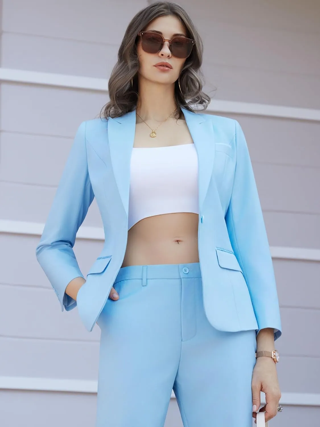 Women's 2 Piece Business Office Suit Lady Peaked Lapel Slim Fit One Button Blazer Jacket and Pants Set