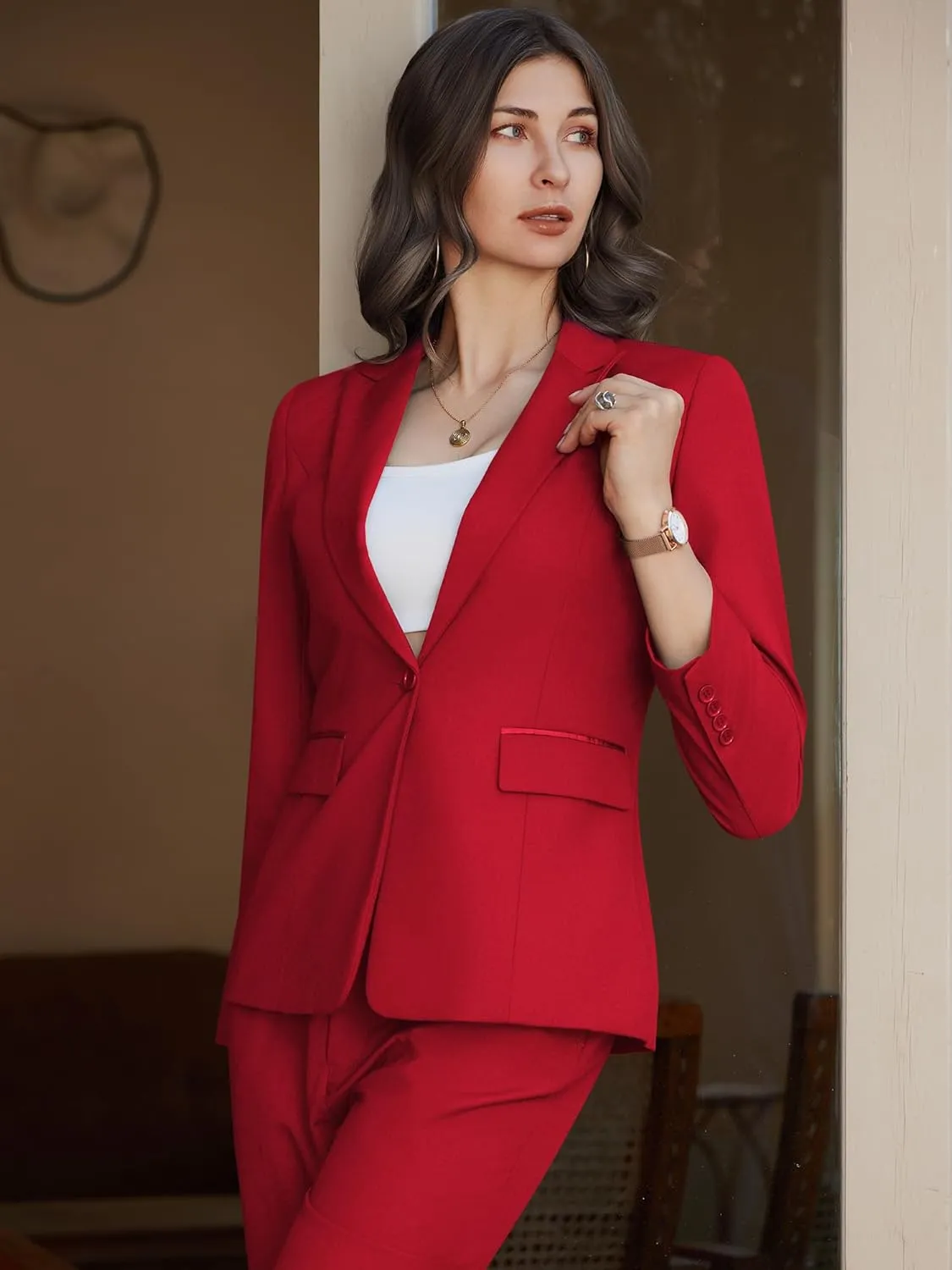 Women's 2 Piece Business Office Suit Lady Peaked Lapel Slim Fit One Button Blazer Jacket and Pants Set