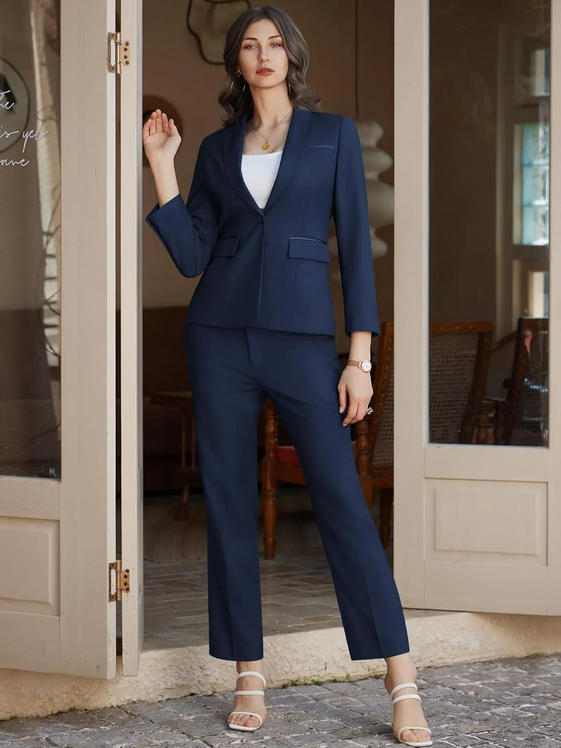 Women's 2 Piece Business Office Suit Lady Peaked Lapel Slim Fit One Button Blazer Jacket and Pants Set