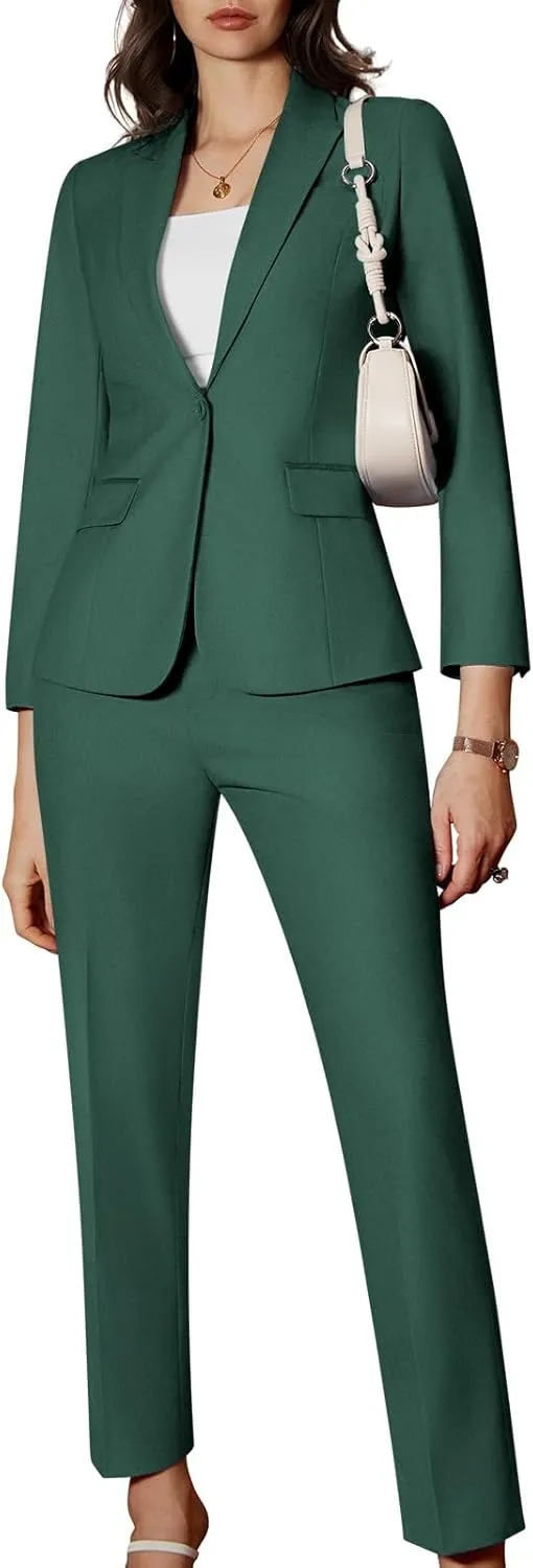Women's 2 Piece Business Office Suit Lady Peaked Lapel Slim Fit One Button Blazer Jacket and Pants Set