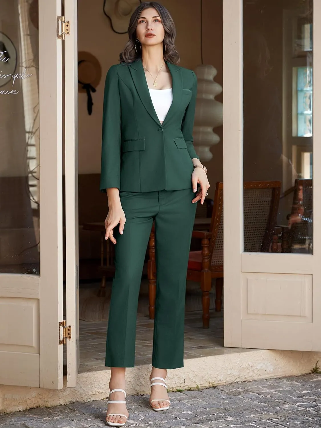 Women's 2 Piece Business Office Suit Lady Peaked Lapel Slim Fit One Button Blazer Jacket and Pants Set