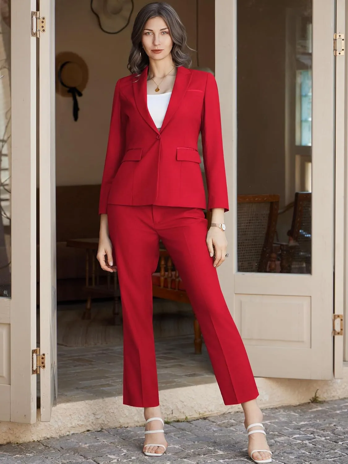 Women's 2 Piece Business Office Suit Lady Peaked Lapel Slim Fit One Button Blazer Jacket and Pants Set